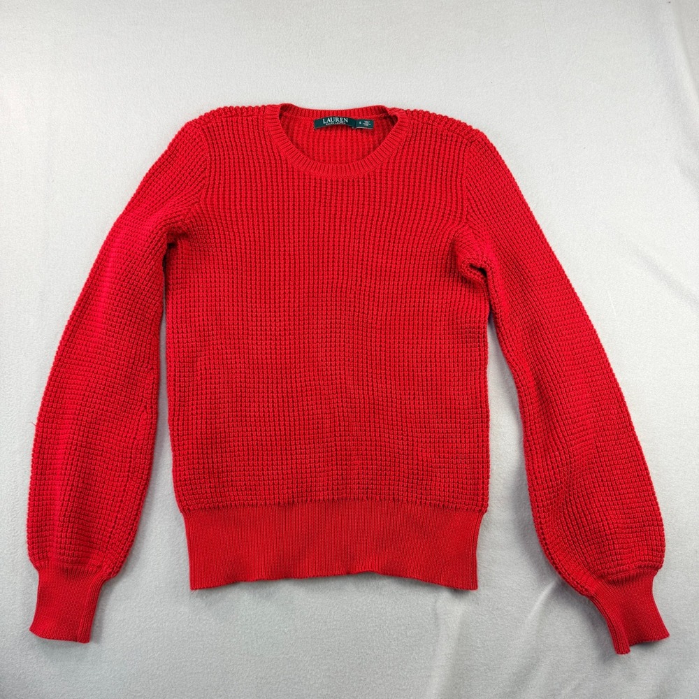 Lauren Ralph Lauren Red 100% Cotton Chunky Knit Crew Neck Sweater Small